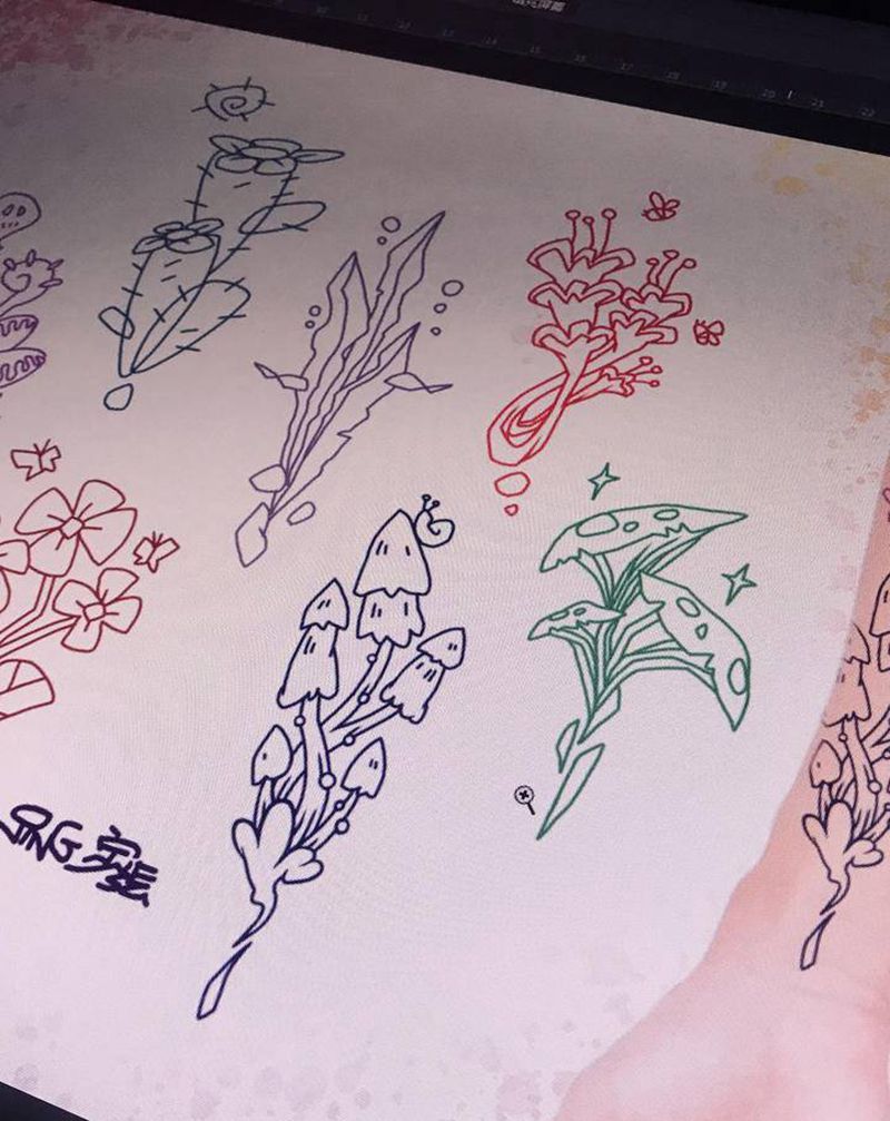 简笔小花草纹身图片_手臂腿部几何New School纹身图案