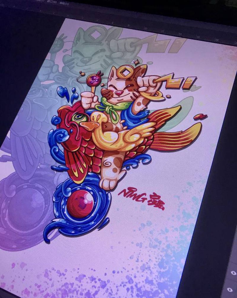 招财猫儿纹身图片_手臂腿部New School猫纹身图案