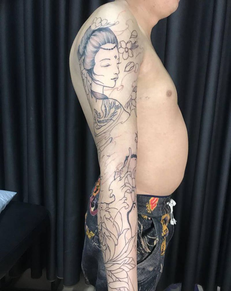 传统拼接花臂纹身图片_手臂老传统纹身图案