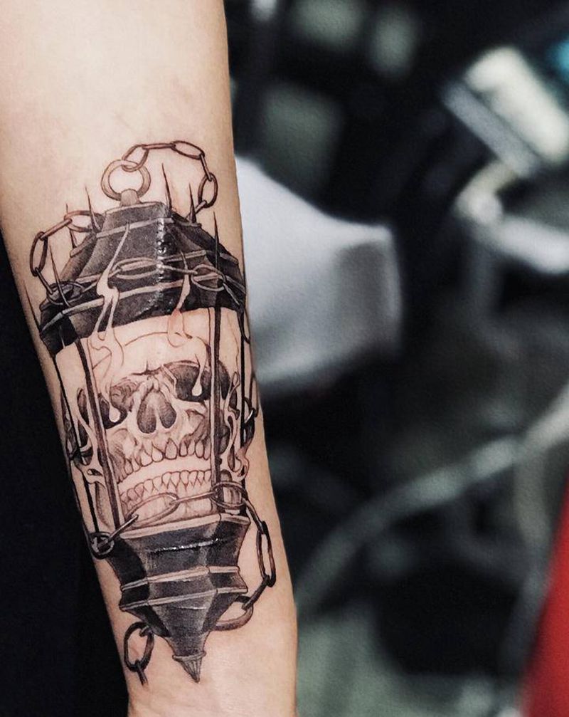 骷髅头灯纹身图片_手臂纹身图案