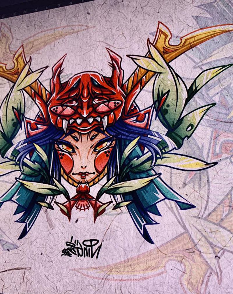 武士姬纹身图片_胸部背部New School纹身图案