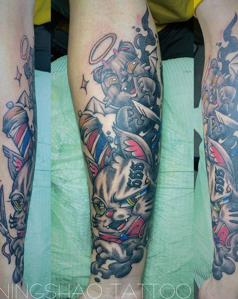 美式美发猫+暴力遮盖纹身图片_手臂New School纹身图案