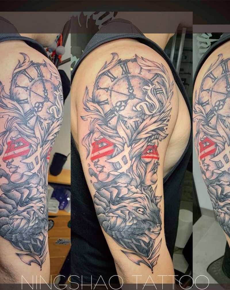 遮盖➕时钟双子羊纹身图片_手臂New School纹身图案