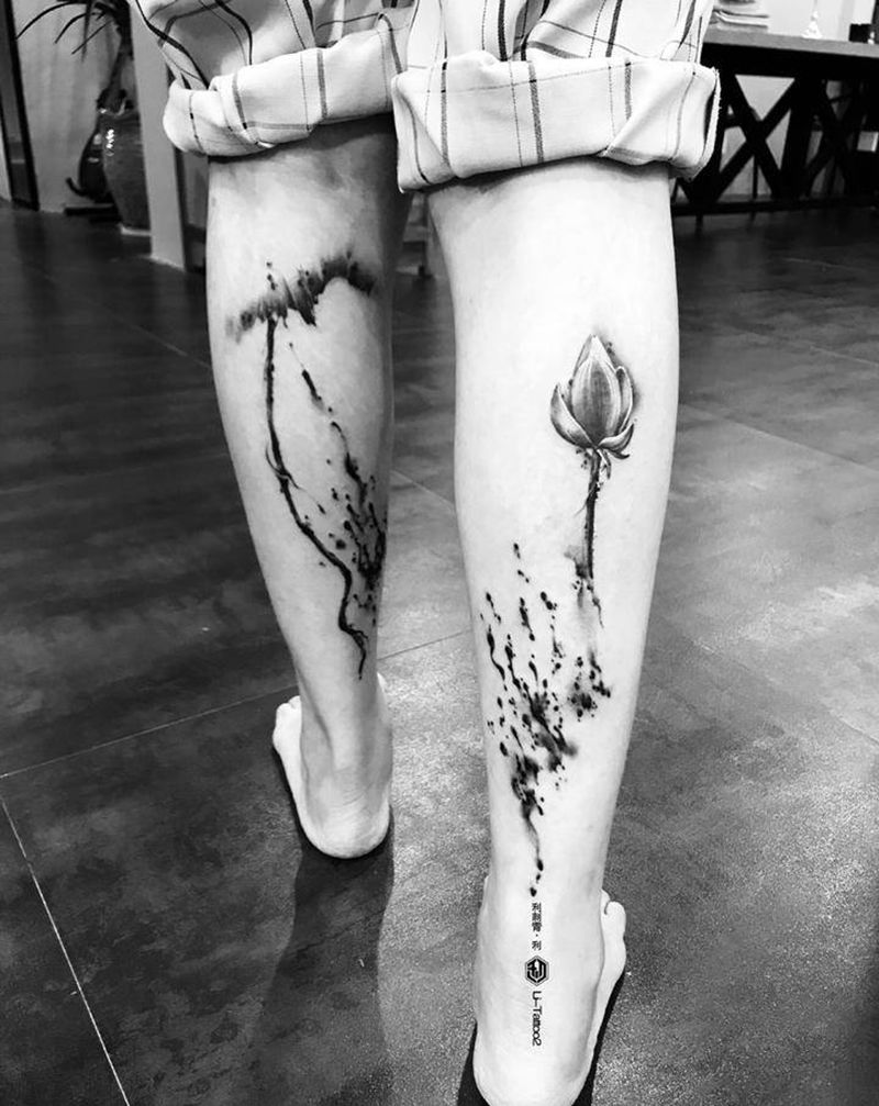 泼墨纹身图片_腿部水墨纹身图案