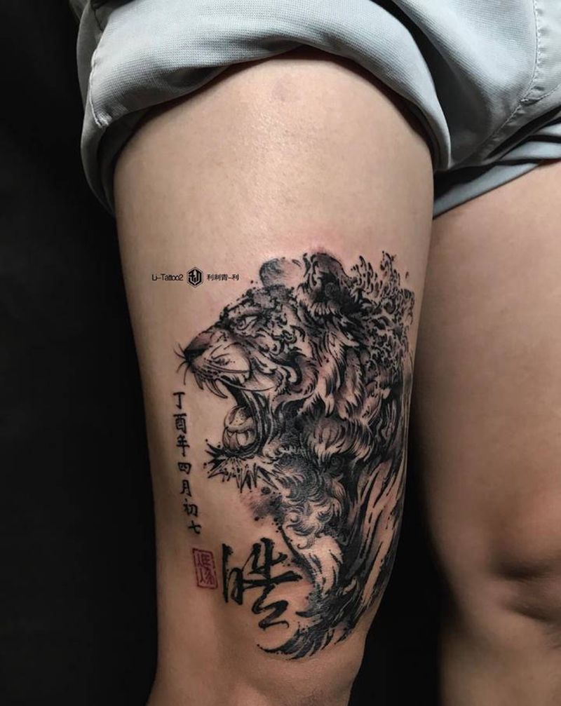 虎虎生威纹身图片_腿部欧美写实纹身图案