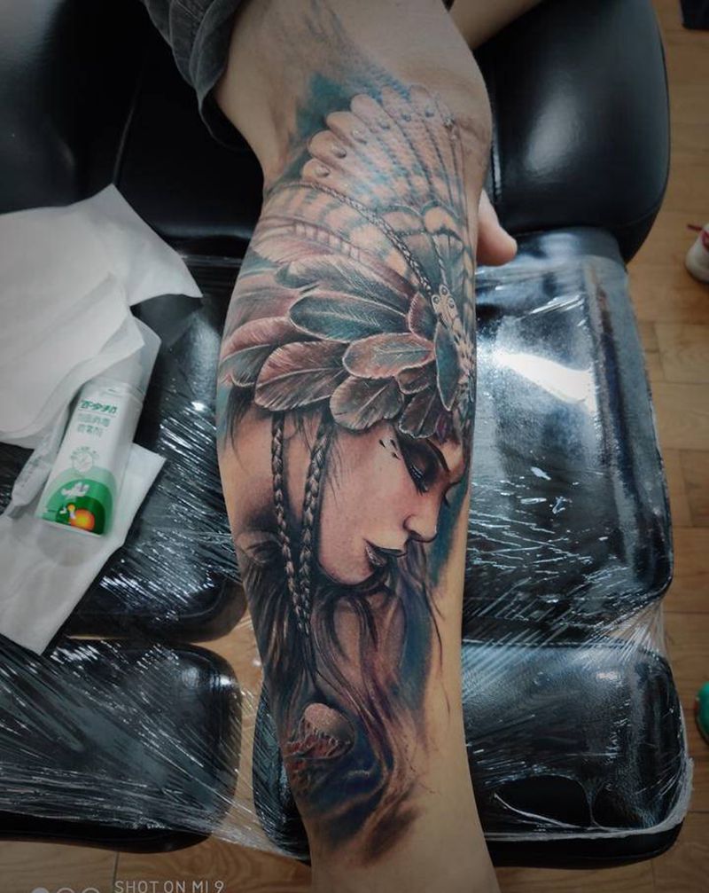 小腿外侧纹身图片_腿部纹身图案