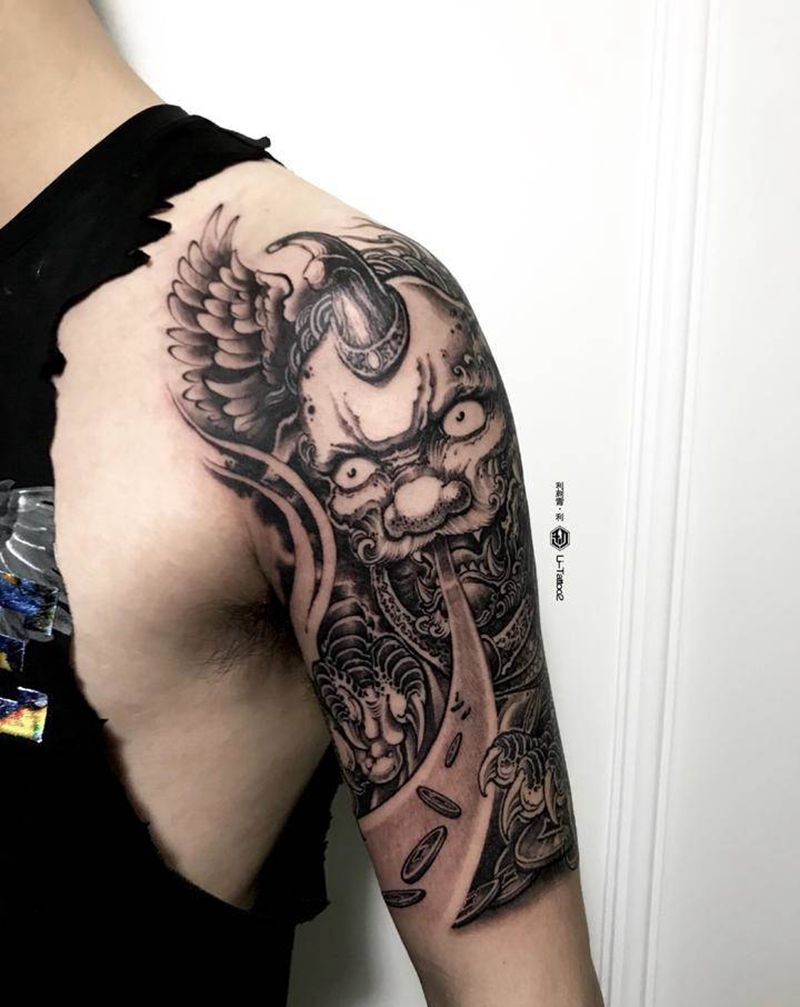 貔貅纹身图片_手臂肩部新传统纹身图案