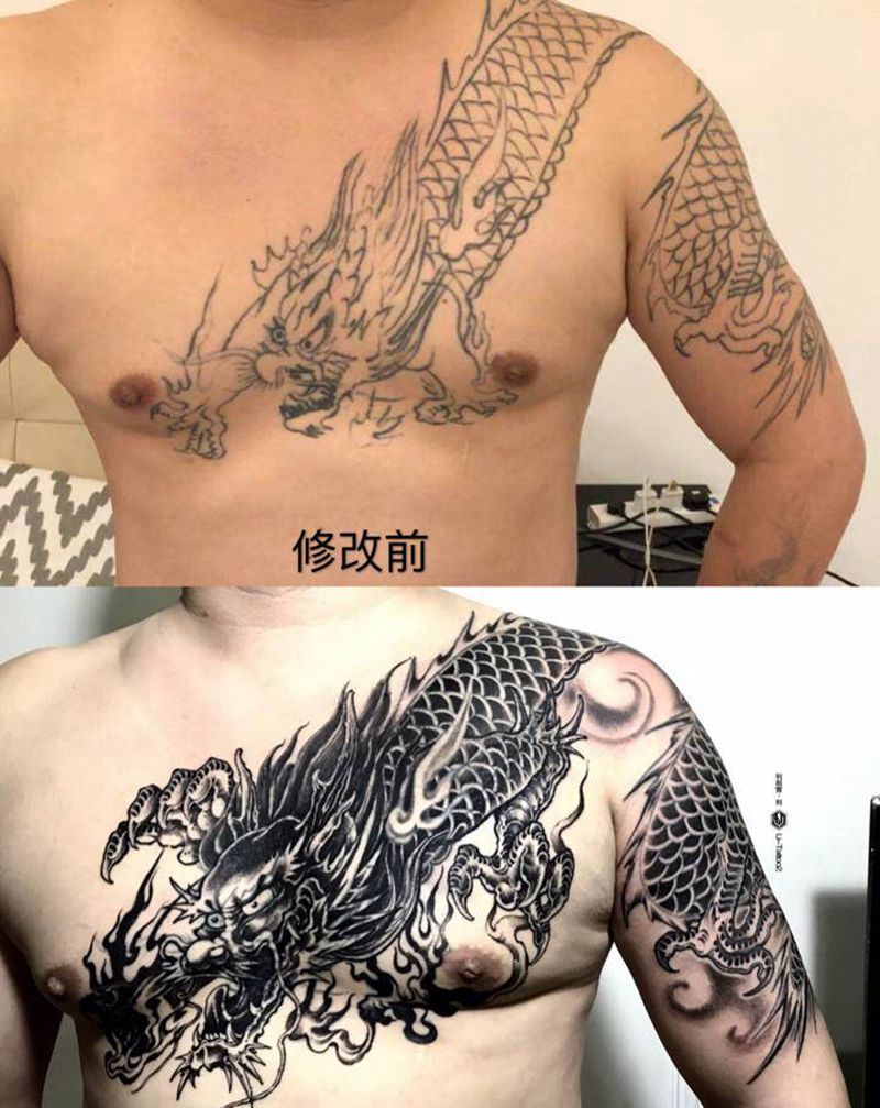 过肩龙修改纹身图片_胸部手臂老传统纹身图案