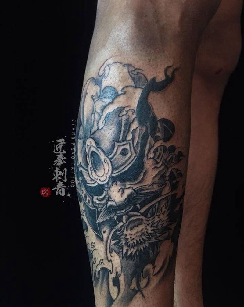 鬼武士纹身图片_腿部新传统纹身图案