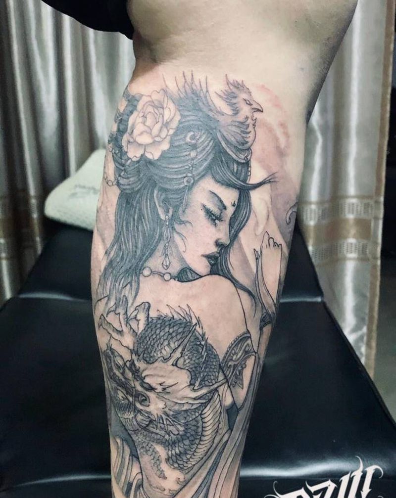 艺妓 新传统纹身图片_腿部新传统艺妓纹身图案