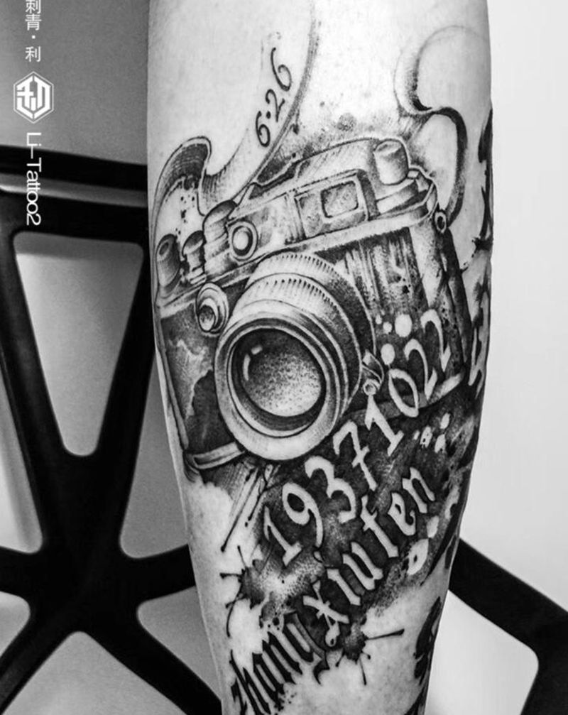 相机纹身图片_腿部纹身图案