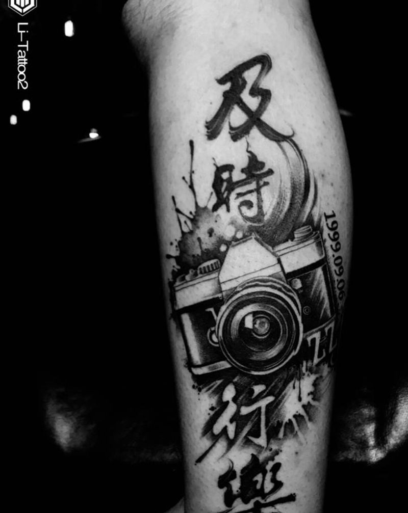 相机纹身图片_腿部纹身图案
