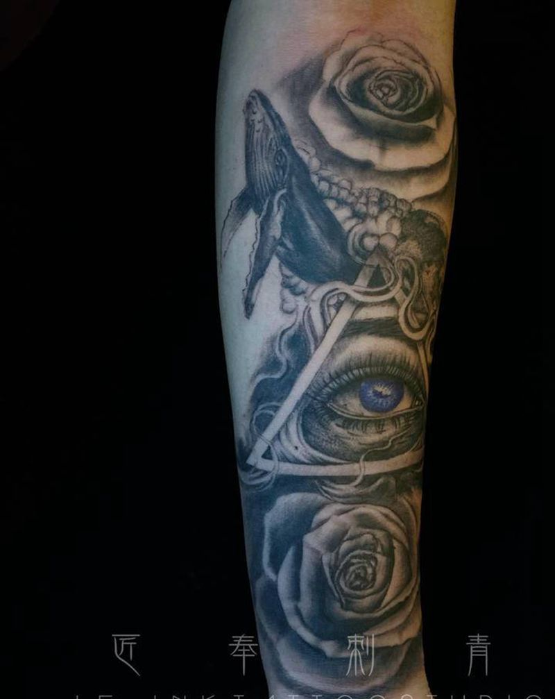 鲸鸣上帝之眼玫瑰纹身图片_手臂欧美写实纹身图案