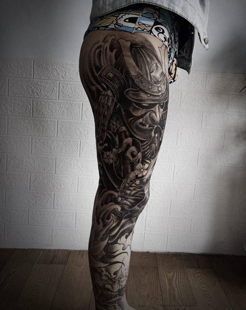 接传统花腿纹身图片_腿部纹身图案