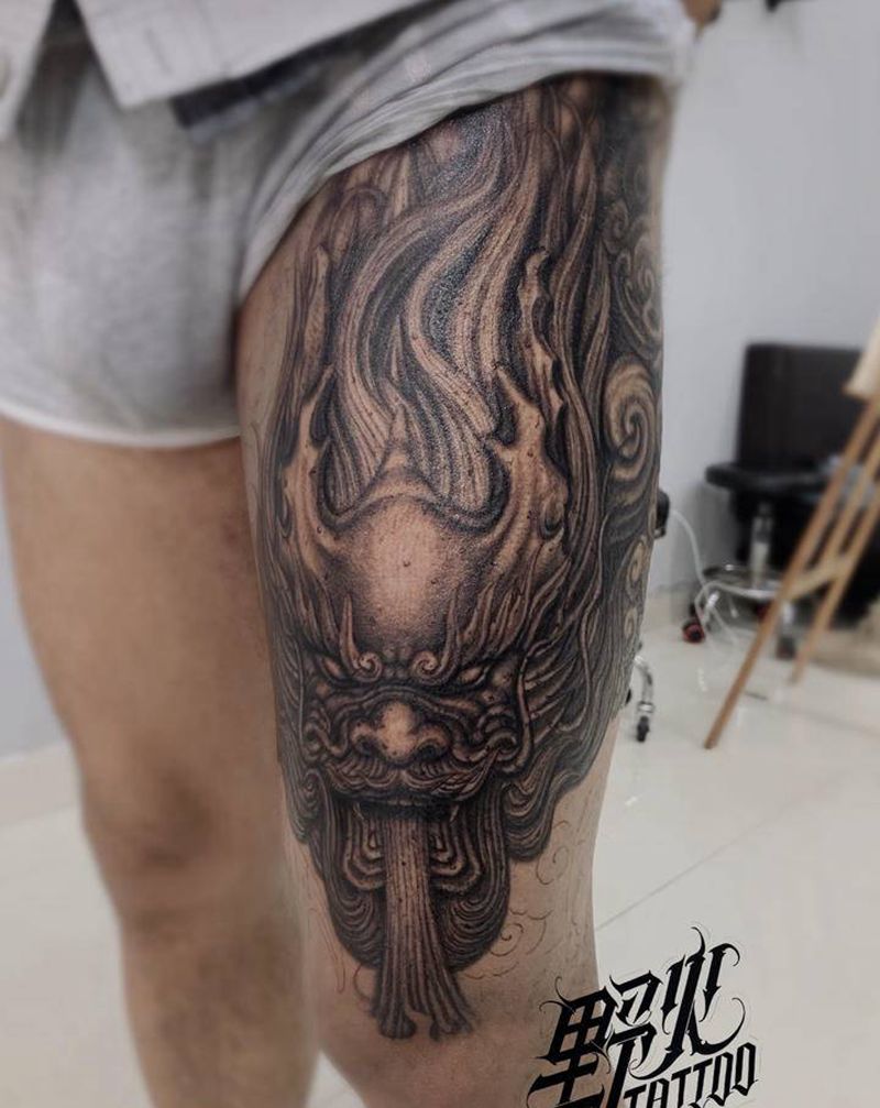 石雕盘龙纹身图片_腿部石雕龙花腿纹身图案