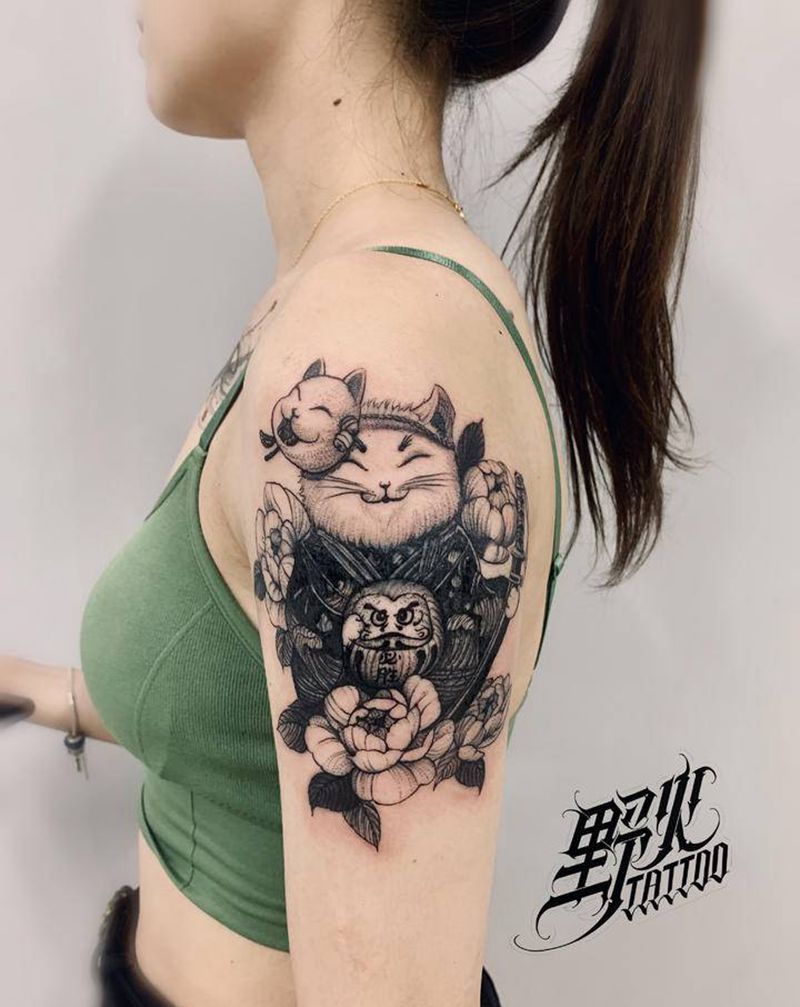 武士猫 必胜纹身图片_手臂点刺猫纹身图案