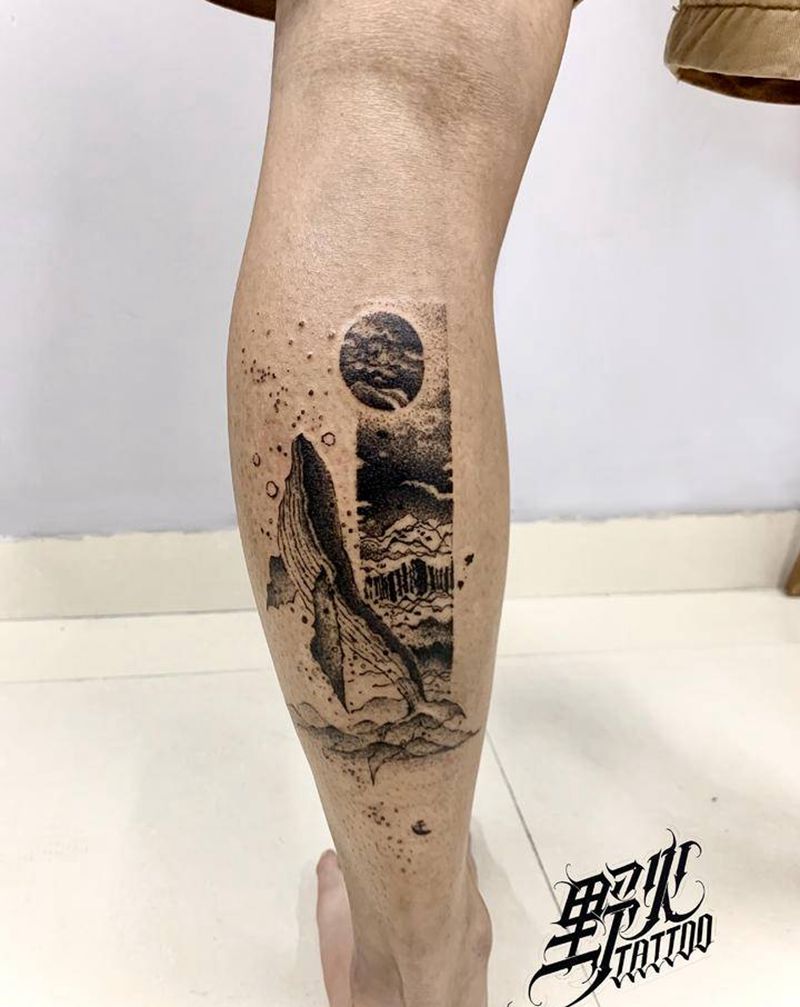 鲸纹身图片_腿部点刺纹身图案