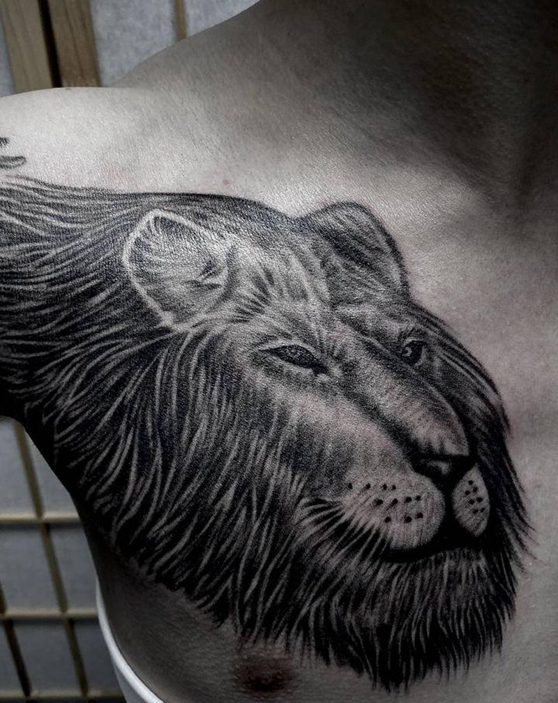 狮子纹身图片_胸部纹身图案
