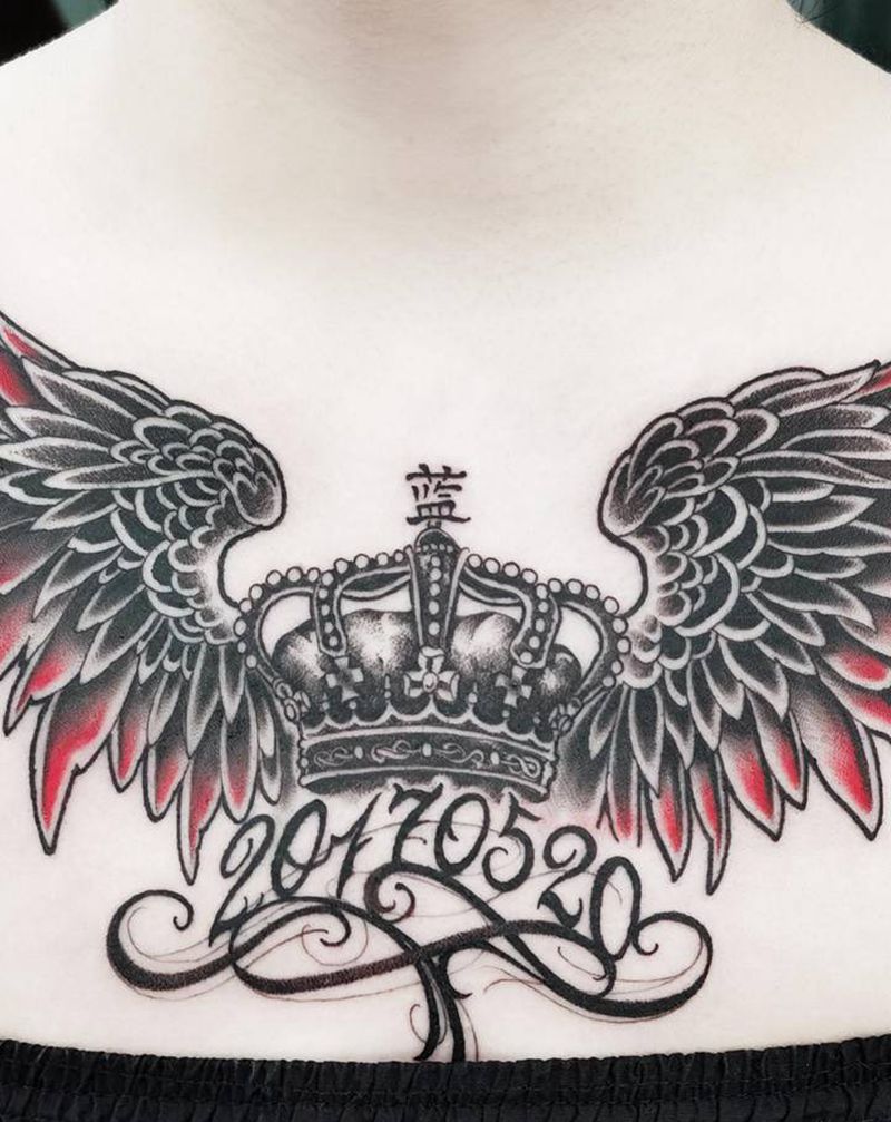 翅膀皇冠花胸纹身图片_胸部纹身图案
