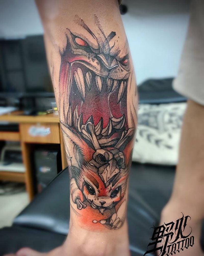 迷失之牙 纳尔纹身图片_腿部水彩点刺英雄联盟纹身图案