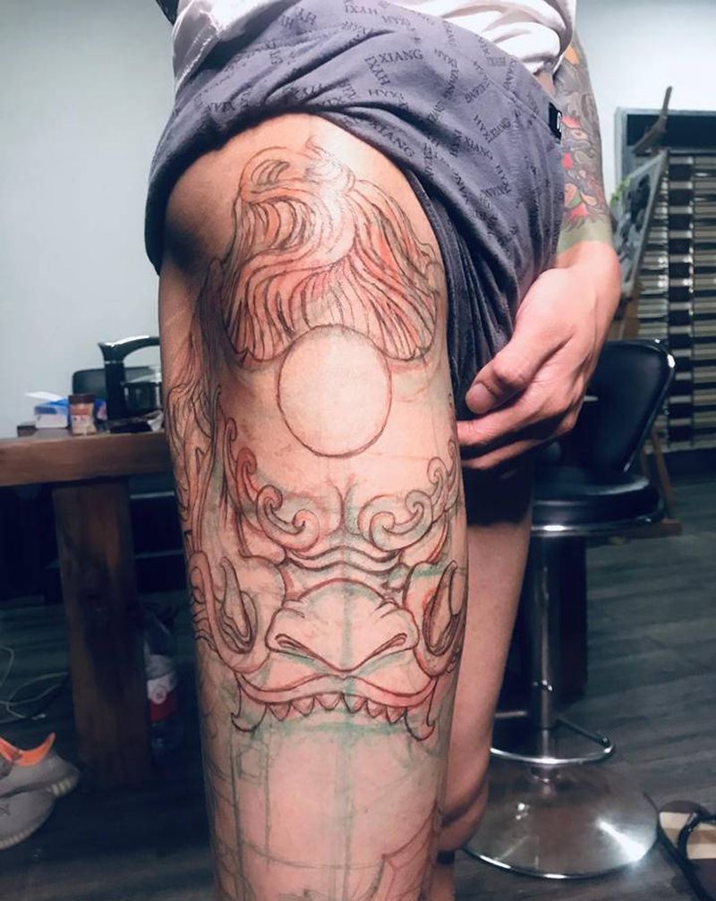 未完，机械腿纹身图片_腿部欧美写实纹身图案