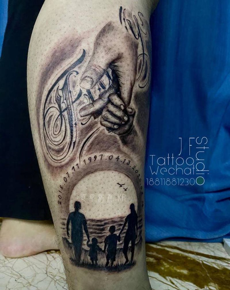 Family纹身图片_腿部欧美写实花体字纹身图案