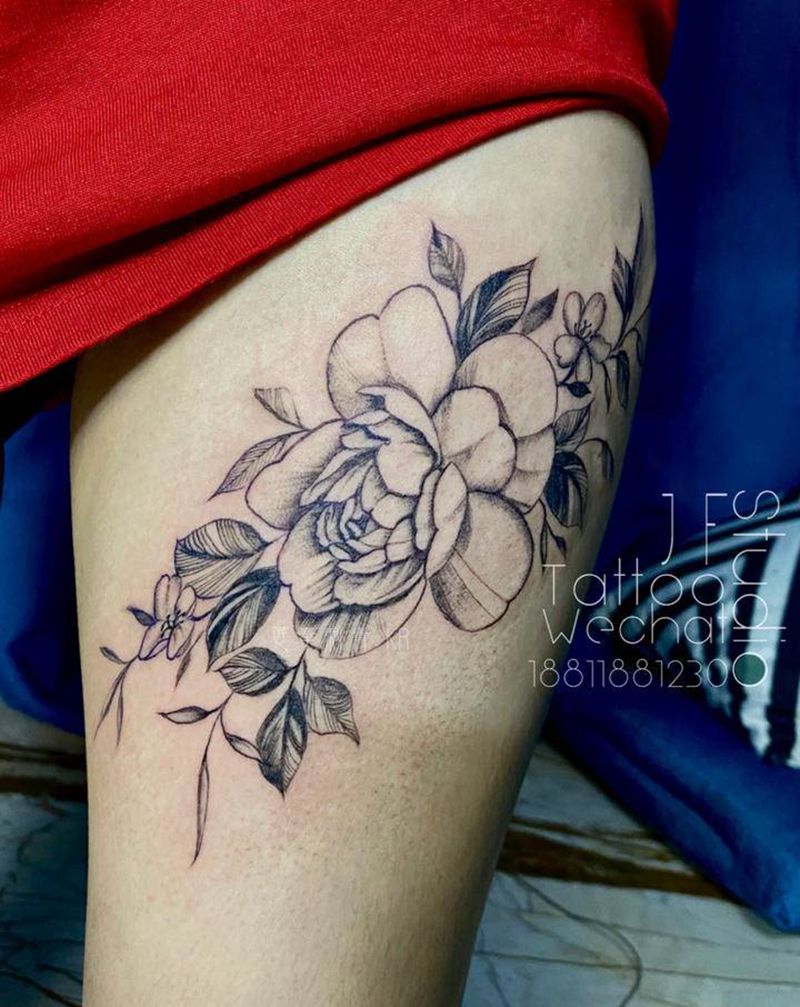 花卉纹身图片_腿部欧美写实纹身图案