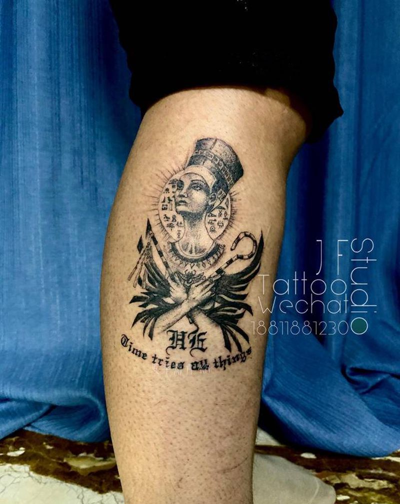 埃及艳后纹身图片_腿部欧美写实纹身图案