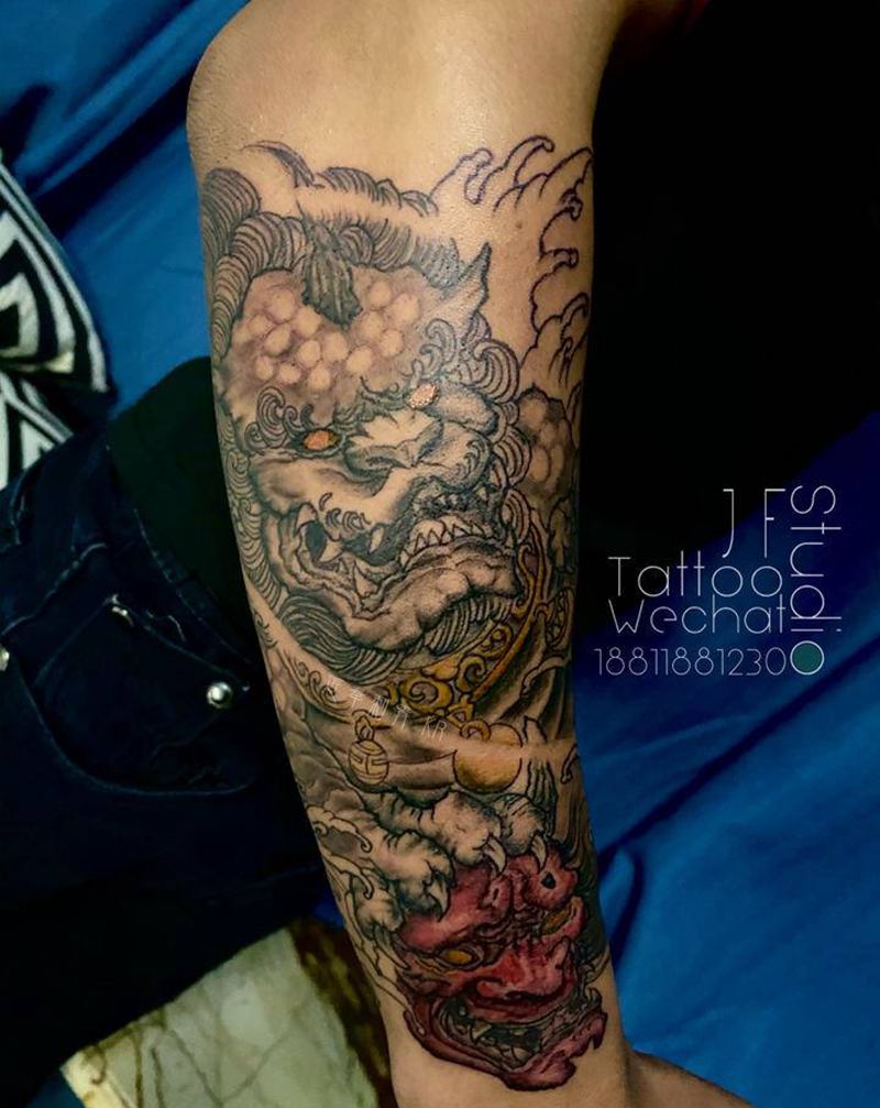 唐狮子纹身图片_手臂新传统纹身图案