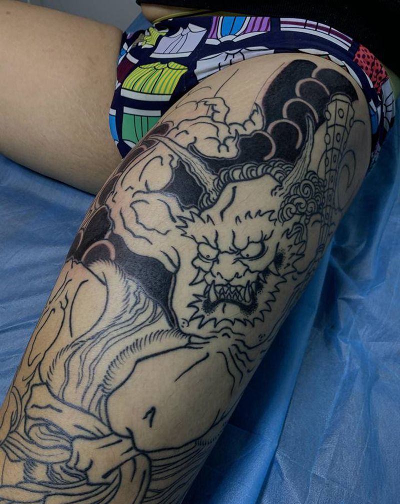 无名纹身图片_腿部老传统纹身图案