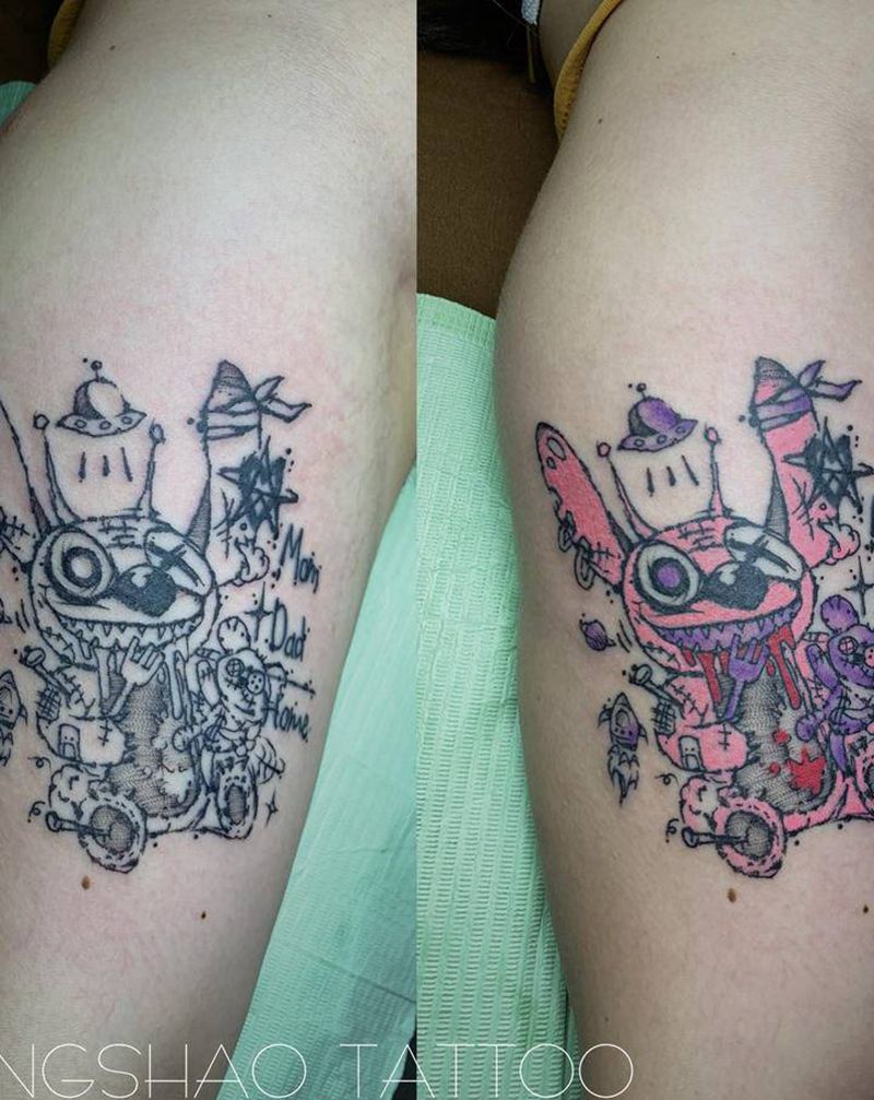 遮盖+暗黑史迪仔纹身图片_手臂New School纹身图案