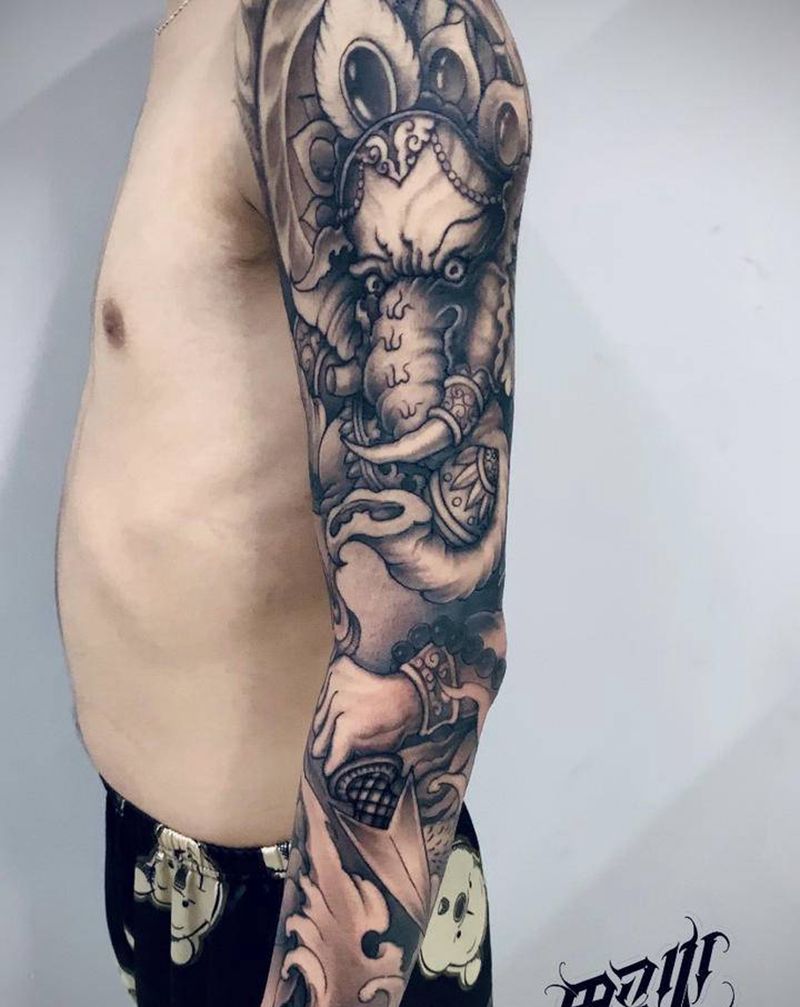 象神 花臂纹身图片_手臂新传统象纹身图案