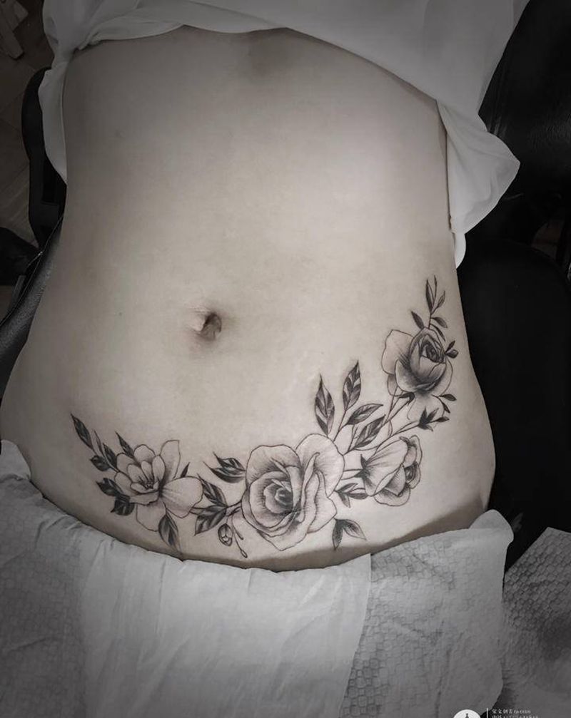 疤痕遮盖纹身图片_腰部腹部纹身图案