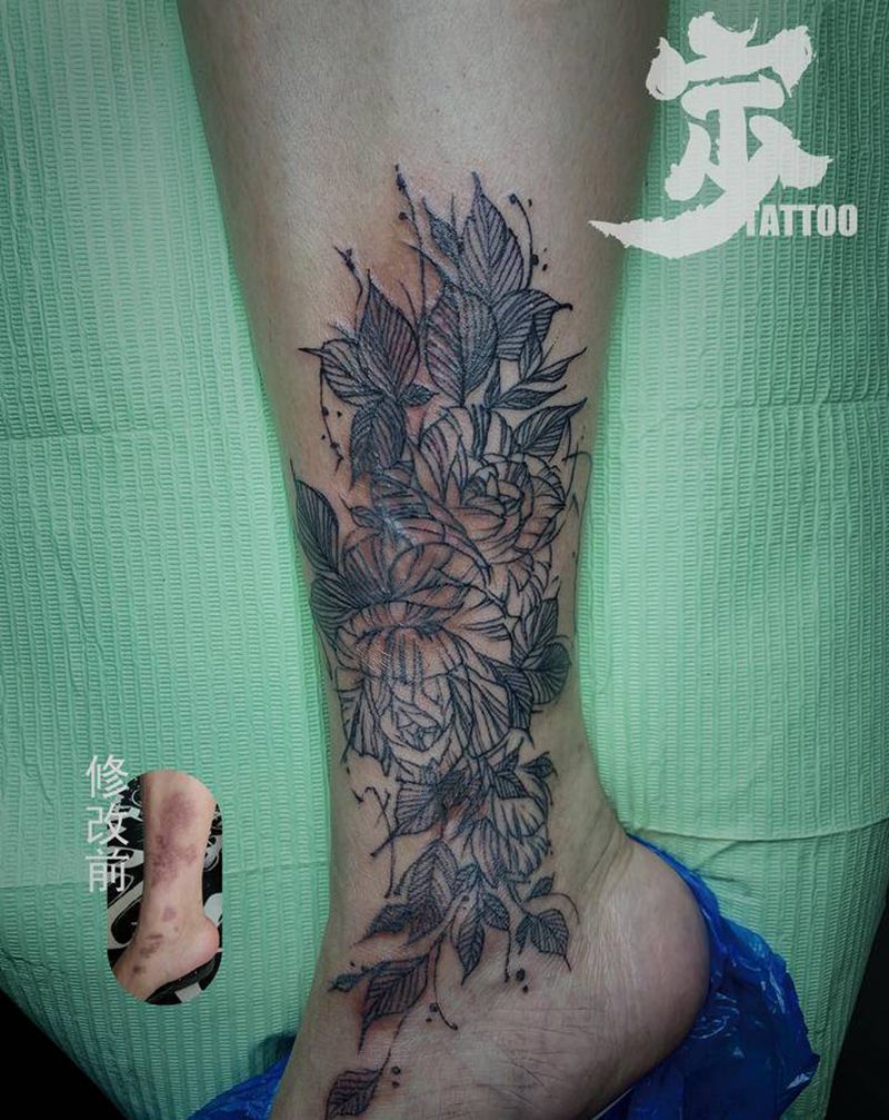 素花+暴力遮疤纹身图片_脚部图腾点刺纹身图案