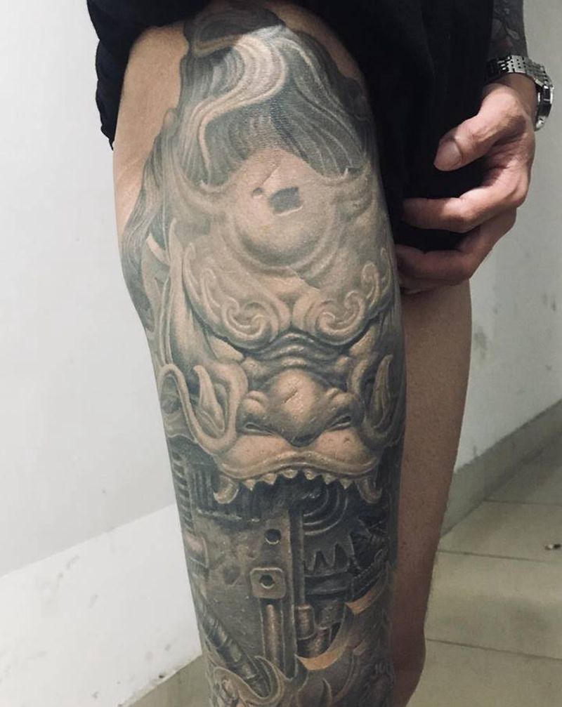 石雕机械纹身图片_腿部纹身图案