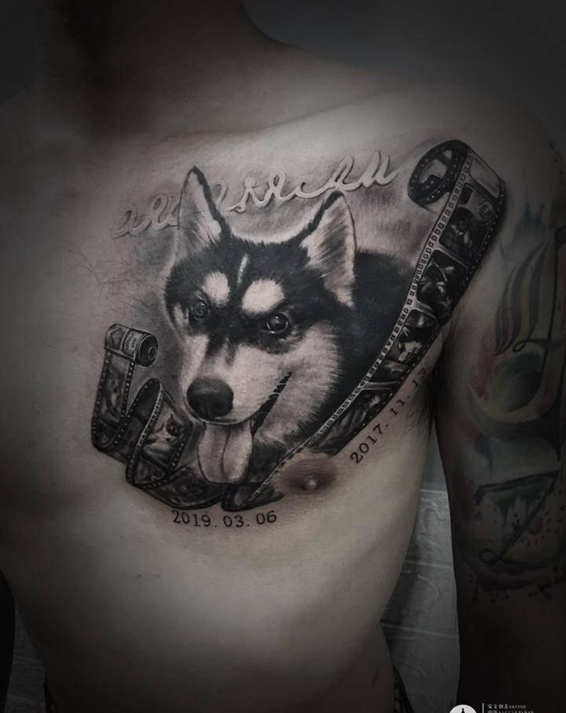 客人为了纪念狗狗！手机里只有一纹身图片_胸部纹身图案