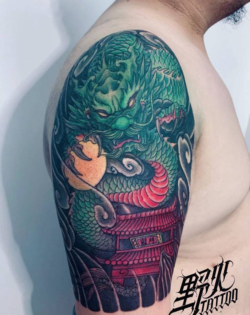 鱼跃龙门 过而为龙纹身图片_肩部新传统龙纹身图案