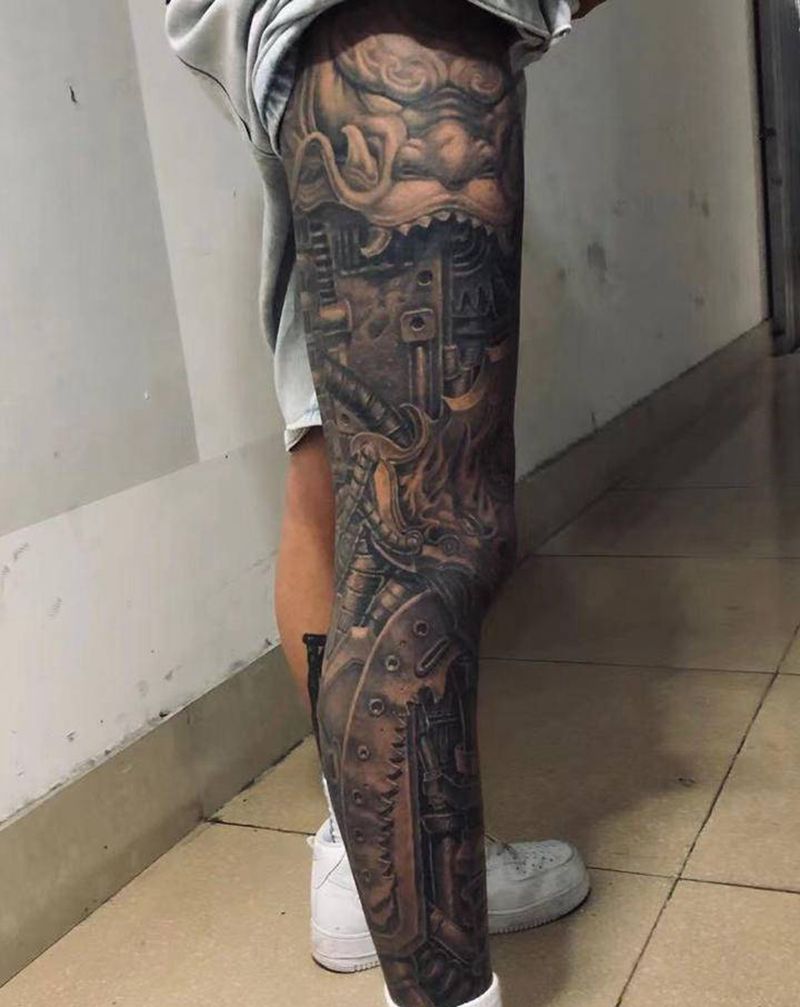 机械纹身图片_腿部纹身图案