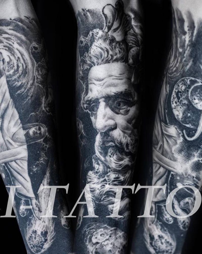 欧美写实纹身图片_手臂手部欧美写实点刺星空耶稣波塞冬纹身图案