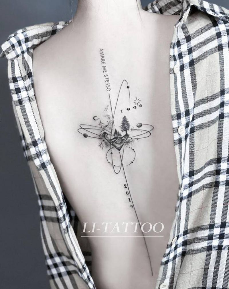 恒星纹身图片_腰部背部几何点刺星空浪花直线纹身图案