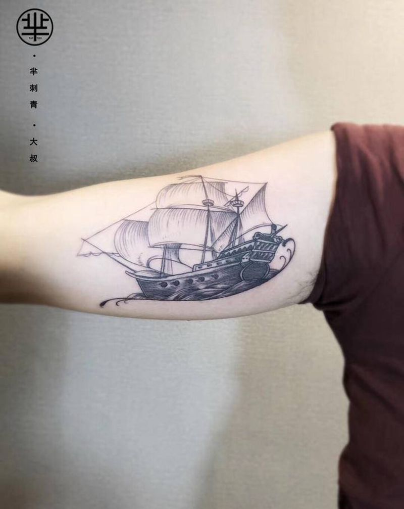 帆船纹身图片_手臂纹身图案
