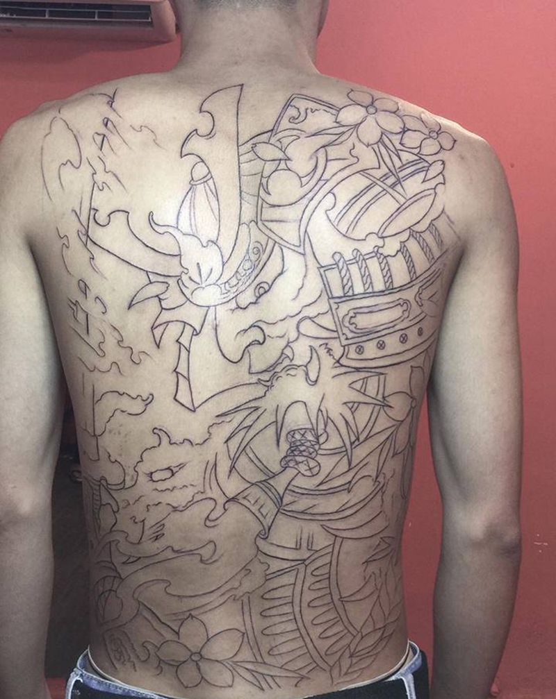 武士纹身图片_背部新传统纹身图案