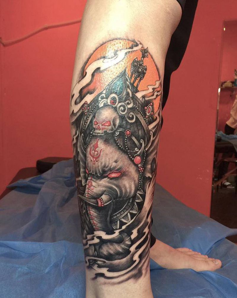 象神纹身图片_腿部老传统纹身图案