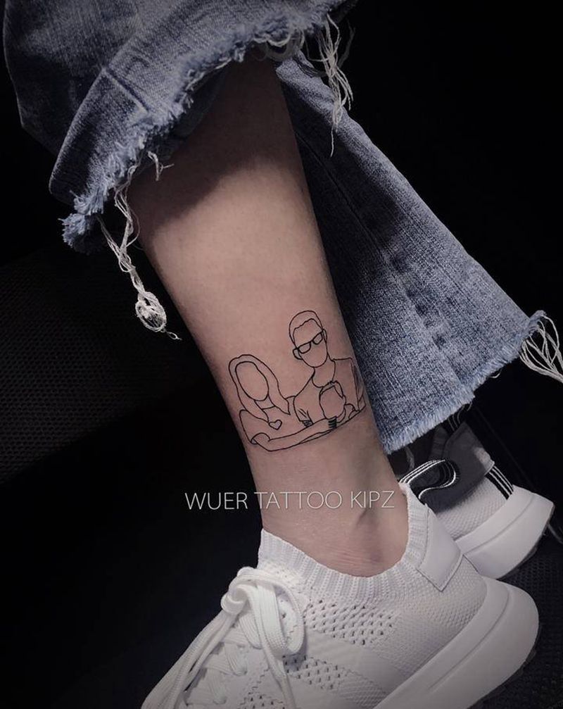 一家人纹身图片_腿部几何线条剪影纹身图案