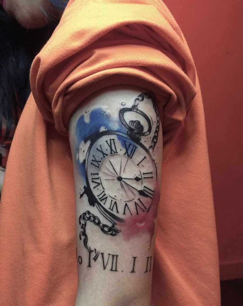 时钟纹身图片_手臂水墨纹身图案