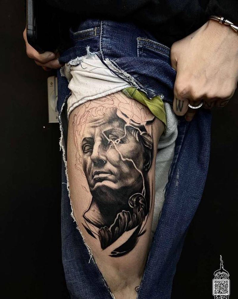 石膏写实纹身图片_腿部欧美写实纹身图案