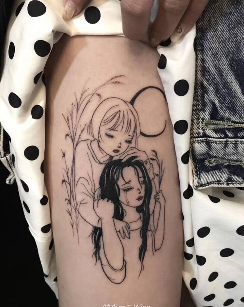 暗黑漫画纹身图片_腿部暗黑纹身图案