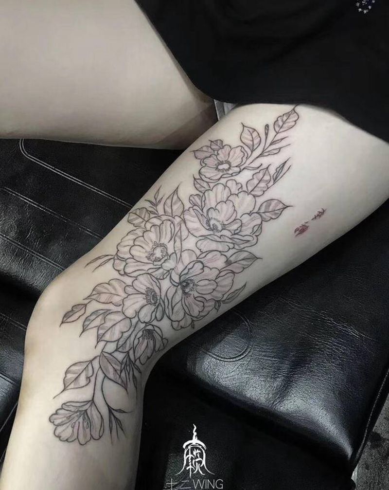 国风-素花纹身图片_腿部老传统素花纹身图案