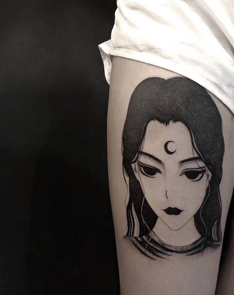 暗黑少女纹身图片_腿部图腾暗黑纹身图案