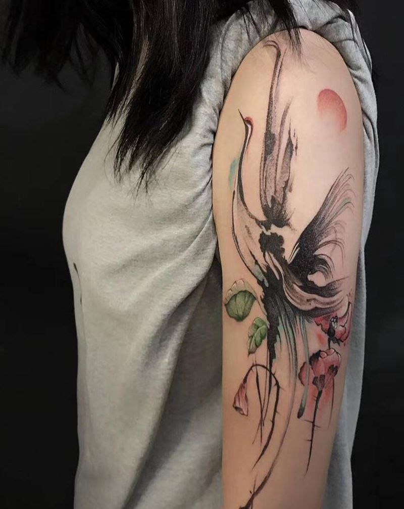 吉祥象征-仙鹤纹身图片_手臂老传统水墨纹身图案